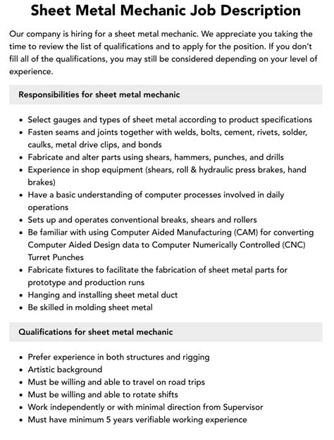 sheet metal operator job description|sheet metal mechanic job duties.